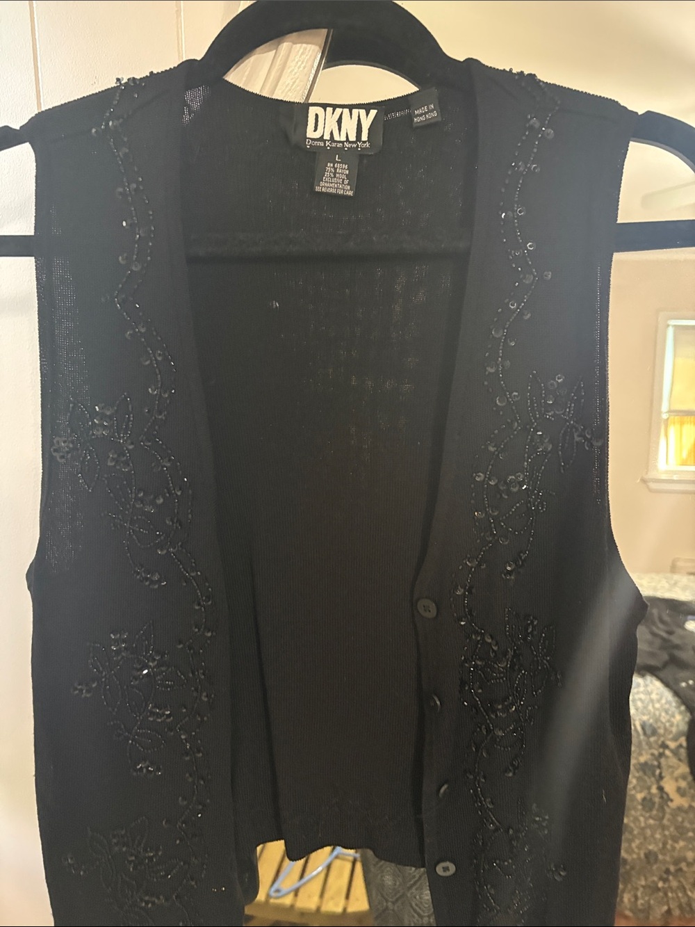 DKNY Black Beaded Sleeveless Cardigan Vest
